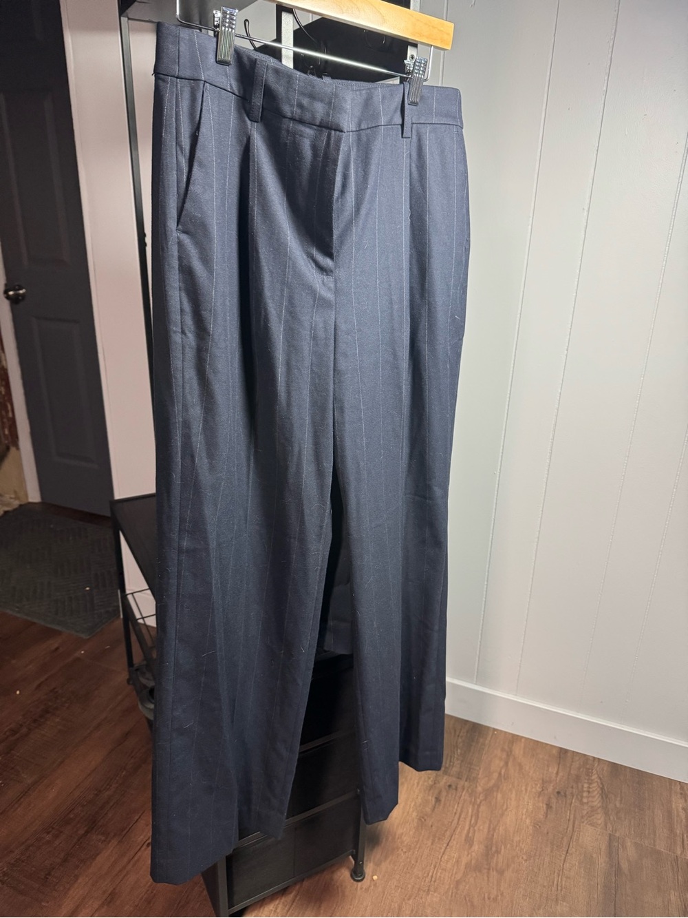 J. Crew Navy Pinstripe Wide-Leg Trousers